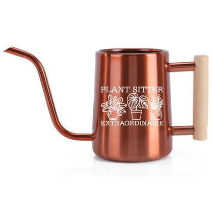 Copper-colored watering can with 'Plant Sitter Extraordinaire' text and plant illustrations on a white background