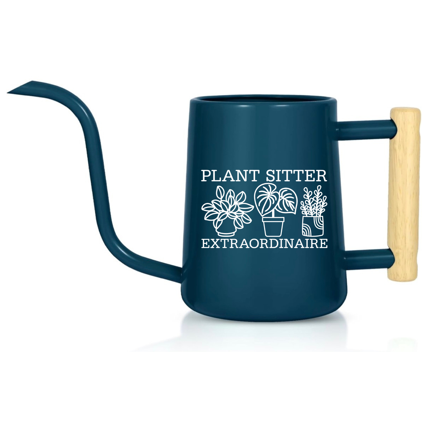 Navy blue watering can with 'Plant Sitter Extraordinaire' text and plant illustrations on a white background
