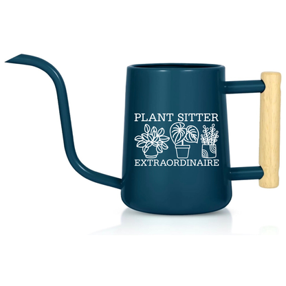 Navy blue watering can with 'Plant Sitter Extraordinaire' text and plant illustrations on a white background