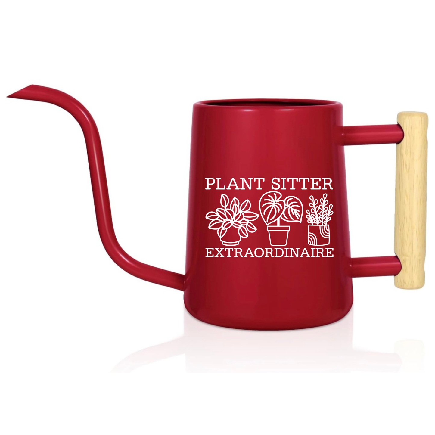 Red watering can with wooden handle and 'Plant Sitter Extraordinaire' text and plant illustrations on a white background
