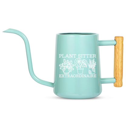 Teal watering can with 'Plant Sitter Extraordinaire' text and plant illustrations on a white background