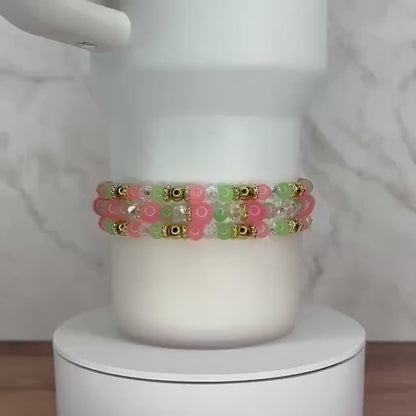 Pink and Green Bracelet Collection with Gold Accent Beads