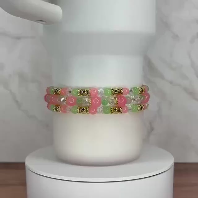 Pink and Green Bracelet Collection with Gold Accent Beads