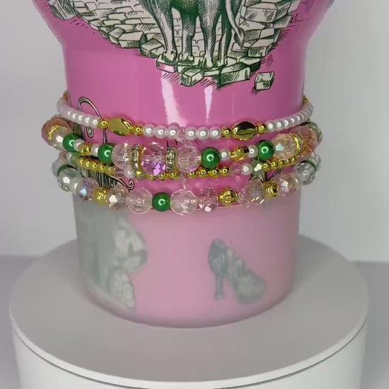 Ozian Reprise Bracelet Collection: Pink Green Crystal and Gold Beaded Bracelets