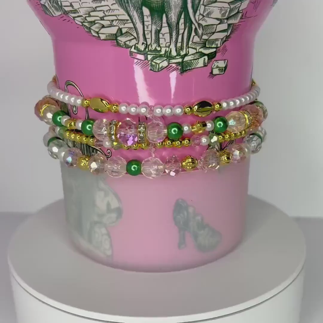 Ozian Reprise Bracelet Collection: Pink Green Crystal and Gold Beaded Bracelets