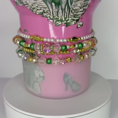 Ozian Reprise Bracelet Collection: Pink Green Crystal and Gold Beaded Bracelets