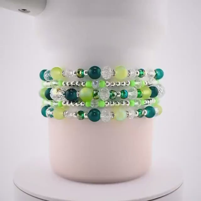 Coastal Teal Bracelet Collection: Dark Blue Green Beaded Bracelets with Silver Accents