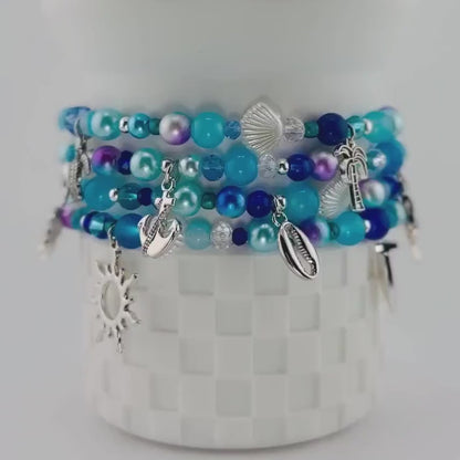 Coastal Charm Tumbler Straw Dangle: Teal Blue Silver Beads, Anchor, Monstera Leaf