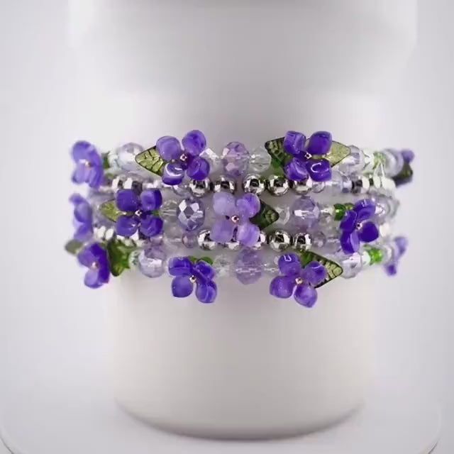 Violet Garden Bracelet Stack | Purple Flower Beaded Stretch Bracelets
