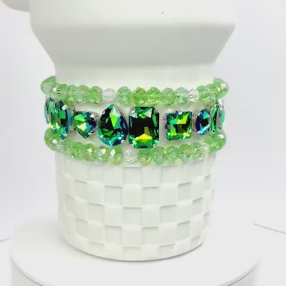 Green Rhinestone Bracelet Set: Emerald and Crystal Beaded Jewelry