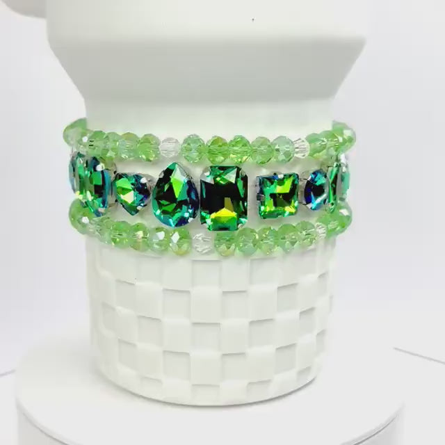 Green Rhinestone Bracelet Set: Emerald and Crystal Beaded Jewelry
