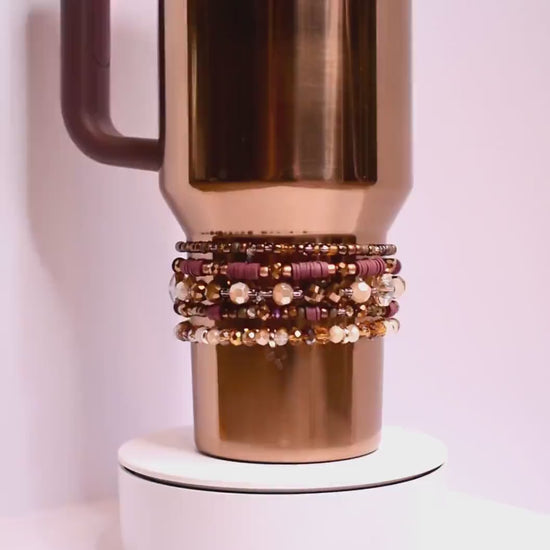 Polished Rose Gold Bracelet Collection: Maroon, Brown, and Cream Beaded Bracelets