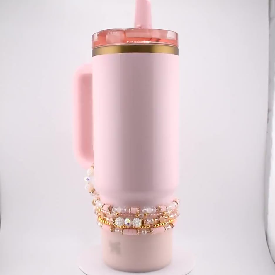 Blossom Gloss Tumbler Straw Charm: Pink Pearl and Gold Beaded Straw Dangle