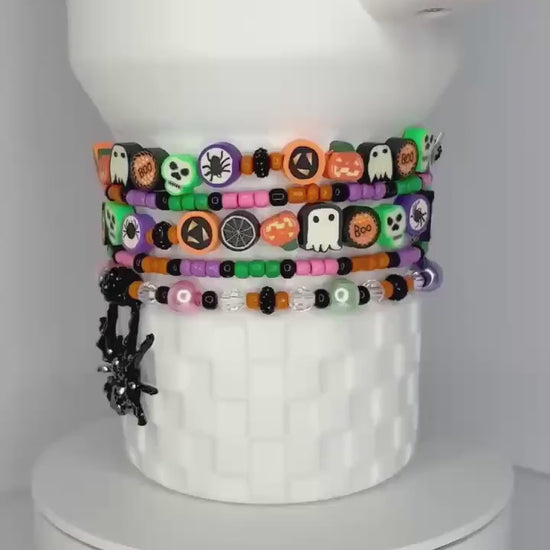 Spooky Season Bracelet Collection with Halloween Beads and Rhinestone Spider Charm