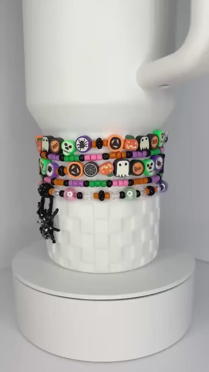 Spooky Season Bracelet Collection with Halloween Beads and Rhinestone Spider Charm