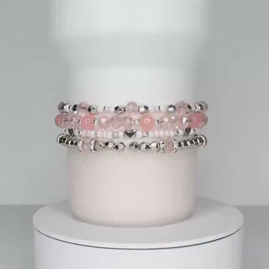 Tea Rose Tile Bracelet Collection: Peach Pink and Silver Beaded Bracelets