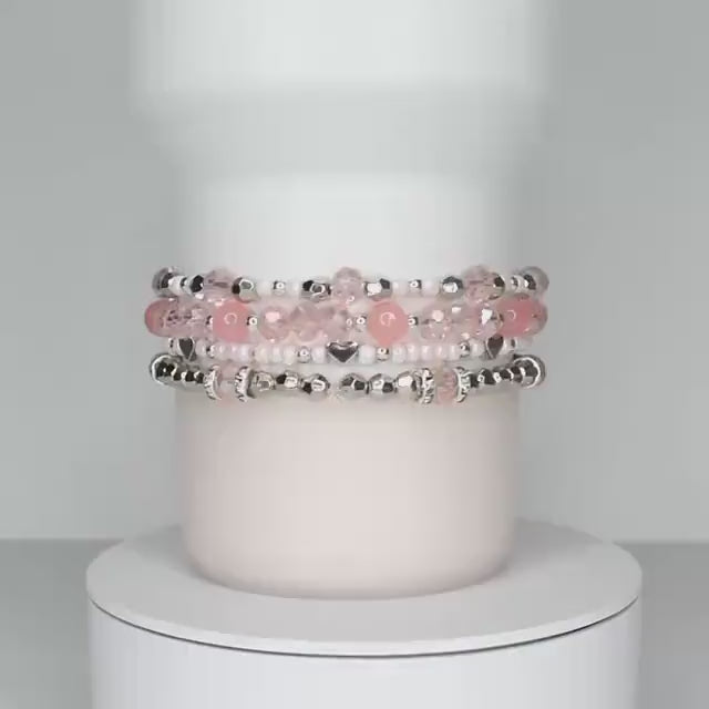 Tea Rose Tile Bracelet Collection: Peach Pink and Silver Beaded Bracelets