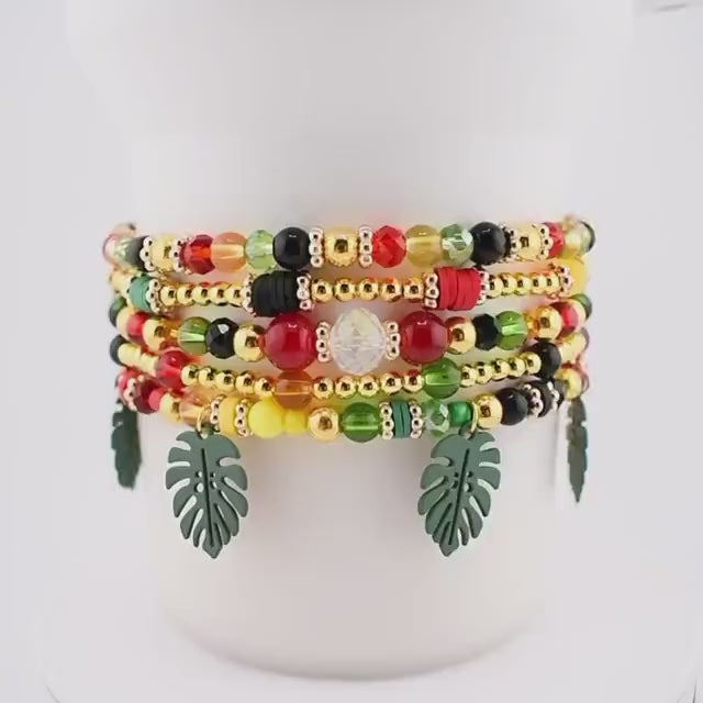 Tropical Rio Woods Bracelet Collection: Gold Red Yellow Green and Black Beaded Bracelets