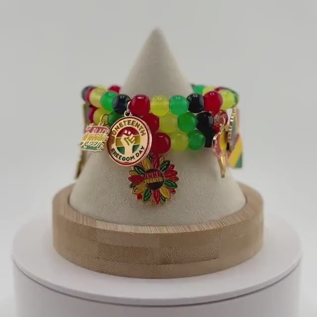 Juneteenth Charm Bracelet with Red Yellow Green and Back Glass Beads and Gold Accents