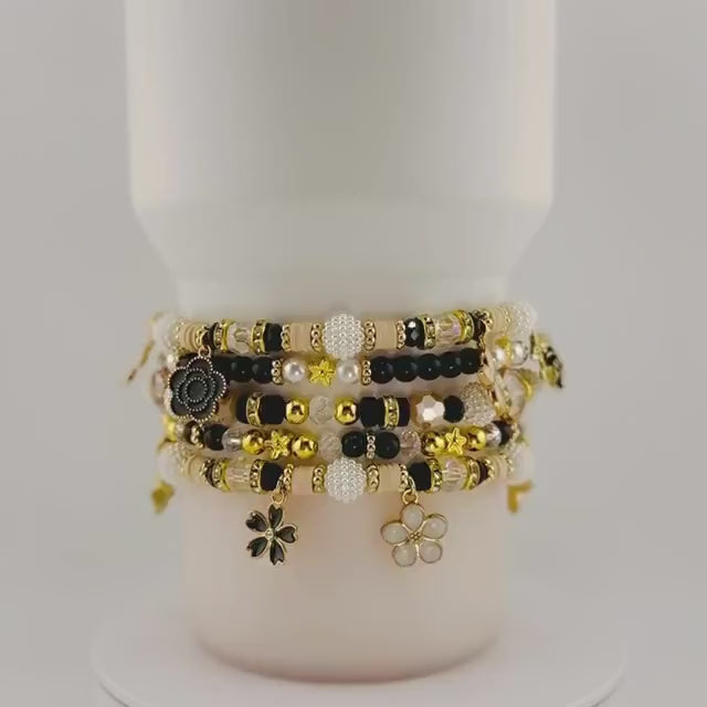 Wild Blooms Flower Charm Bracelet Collection: Black, Cream and Gold Beaded Bracelets