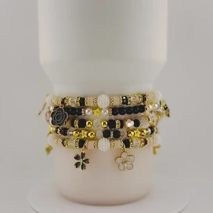 Wild Blooms Flower Charm Bracelet Collection: Black, Cream and Gold Beaded Bracelets