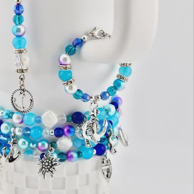 Coastal Charm Tumbler Handle Bracelet: Teal Blue Silver Anchor Charm