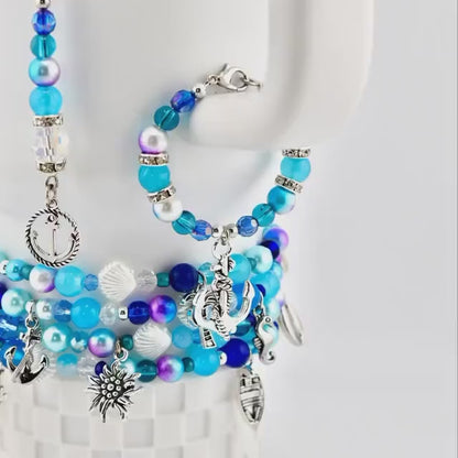 Coastal Charm Tumbler Handle Bracelet: Teal Blue Silver Anchor Charm