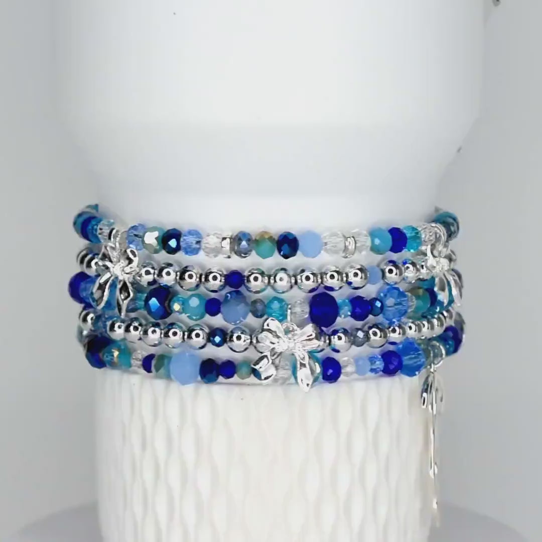 Blue and Silver Bracelet Collection: Sparkling Beaded Bracelets with Silver Bow Charms