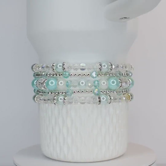 Seaglass Gloss Bracelet Collection: Mint Pearl and Crystal Beaded Bracelets