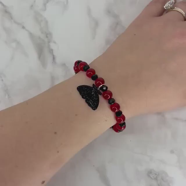 Dark Romance Moth Charm Bracelet with Red and Black Glass Beads