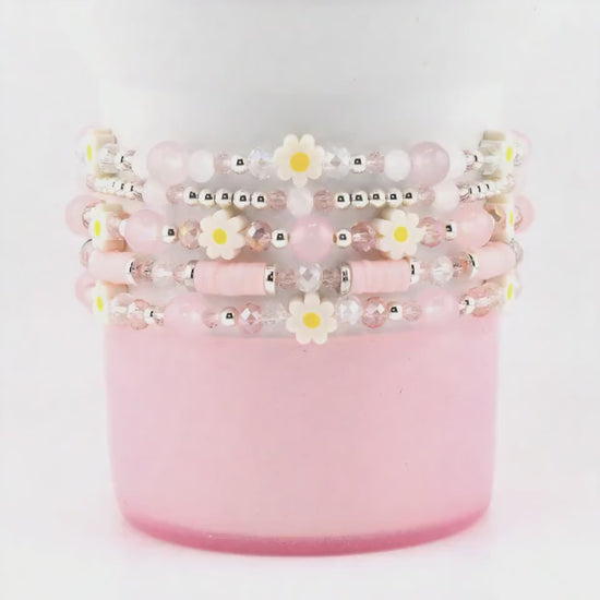 Rose Quartz Bouquet Bracelet Collection: Pink and Silver Beaded Bracelets with Clay Daisy Beads
