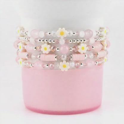 Rose Quartz Bouquet Bracelet Collection: Pink and Silver Beaded Bracelets with Clay Daisy Beads