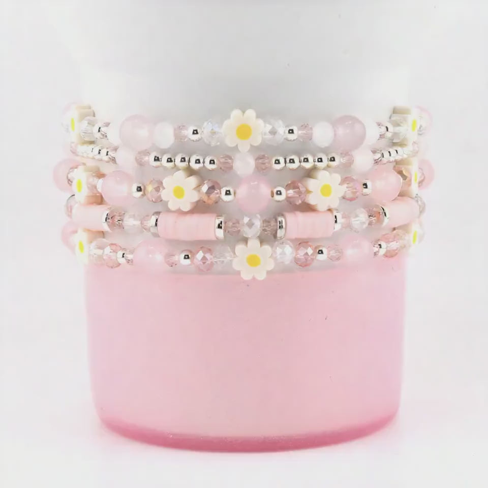 Rose Quartz Bouquet Bracelet Collection: Pink and Silver Beaded Bracelets with Clay Daisy Beads