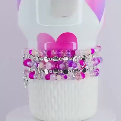 Heart Charm Bracelet Collection: Sparkling Pink and Silver Beaded Bracelets