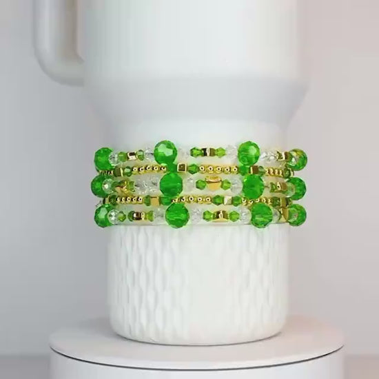St. Patrick's Day Bracelet Collection: Sparkling Green, Crystal and Gold Beaded Bracelets with Charm