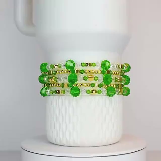 St. Patrick's Day Bracelet Collection: Sparkling Green, Crystal and Gold Beaded Bracelets with Charm